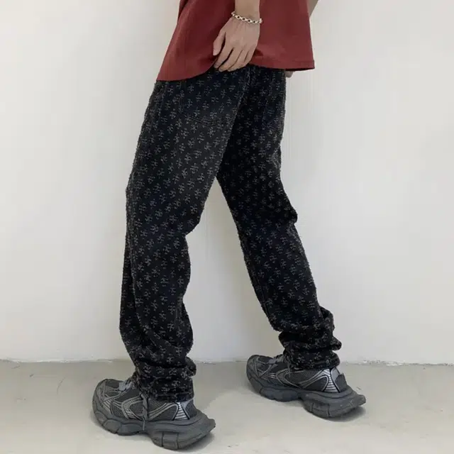 极限涡轮 美式高街提花满印潮牌设计感宽松直筒水洗阔腿痞帅百搭长裤牛仔裤 男女同款 黑色