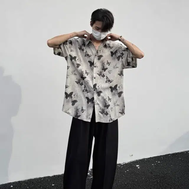 极限涡轮 国风小众设计感蝴蝶薄款宽松休闲满印短袖衬衫 男女同款