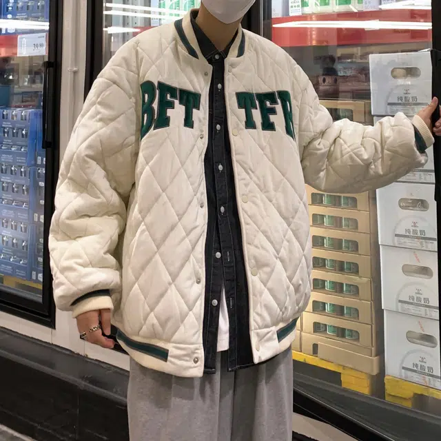 极限涡轮 美式棒球领潮牌加厚港风复古菱格宽松百搭棉服 男女同款