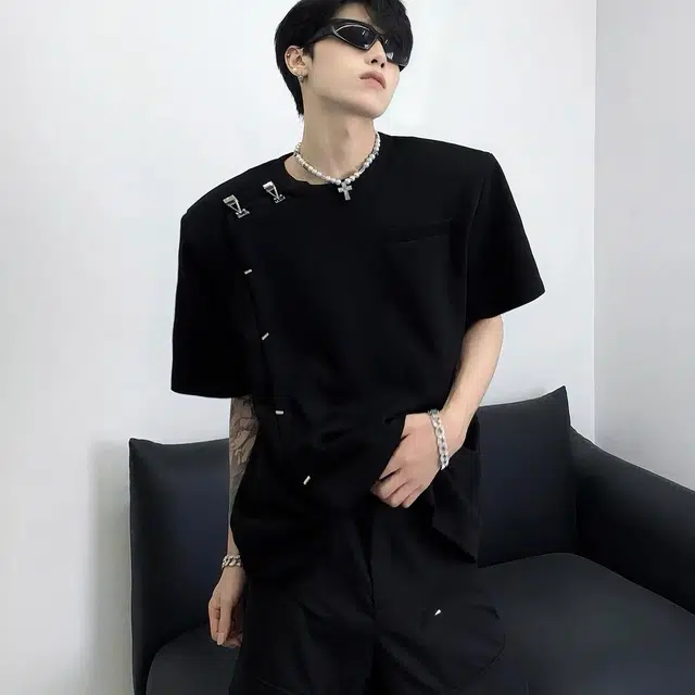 极限涡轮 复古新中式中国风设计感衬衣国潮立领垫肩宽松痞帅小众廓形短袖衬衫 男女同款 黑色