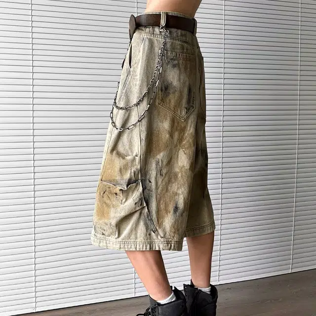 极限涡轮 美式复古小众脏染七分街头泼墨做旧水洗设计感休闲阔腿裤牛仔短裤 男女同款