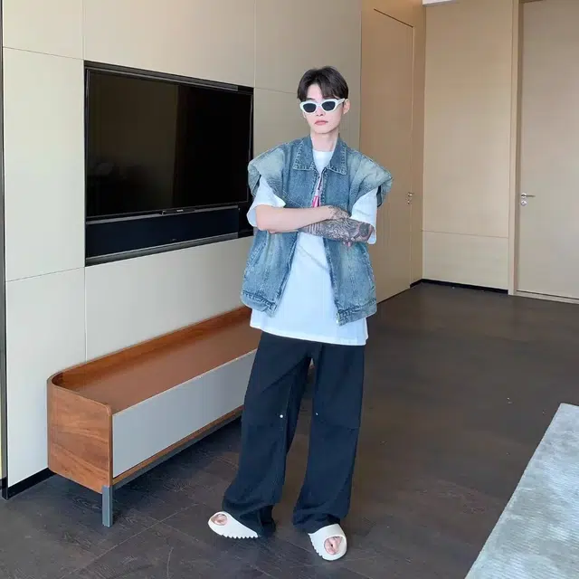 极限涡轮 美式复古水洗廓形垫肩牛仔马甲外套拉链小众设计感街头无袖外套上衣潮背心 男女同款