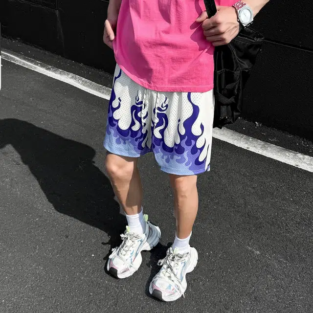 极限涡轮 美式街头夏季国潮火焰印花网眼宽松运动速干透气休闲短裤 男女同款