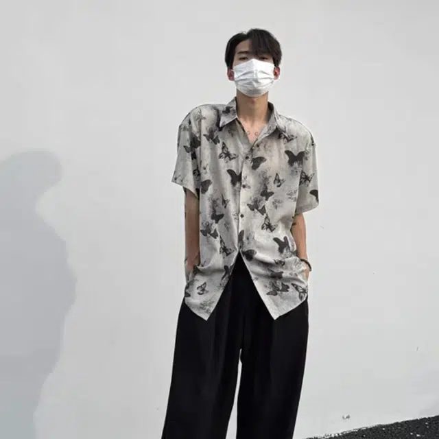 极限涡轮 国风小众设计感蝴蝶薄款宽松休闲满印短袖衬衫 男女同款