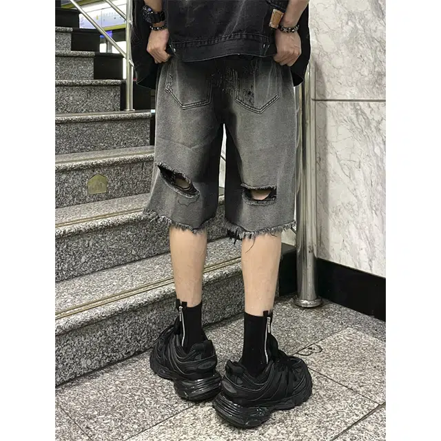极限涡轮 美式复古小众高街西海岸宽松痞帅潮五分牛仔短裤 男女同款 黑色
