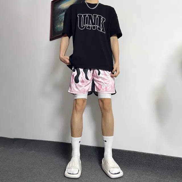 极限涡轮 美式火焰篮球潮不过膝宽松潮流裤运动透气速干训练裤休闲短裤 男女同款