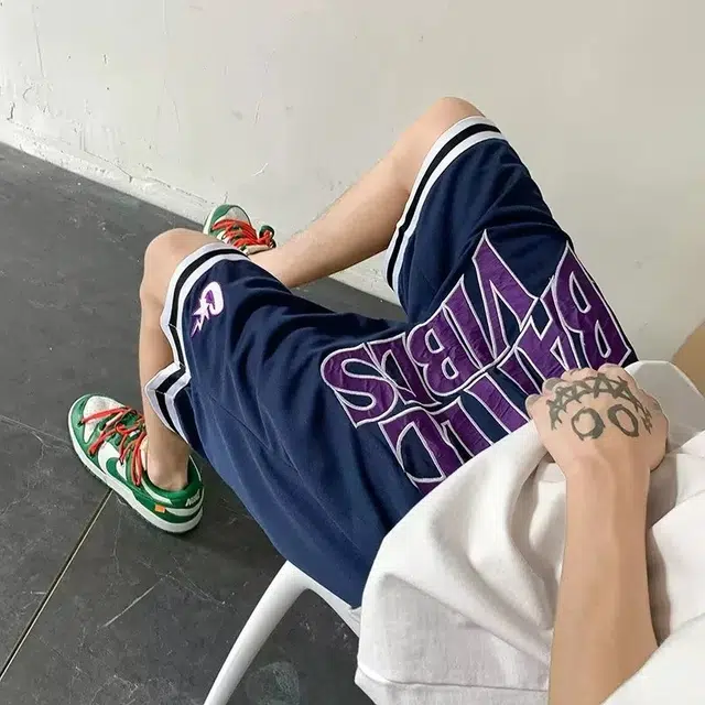 极限涡轮 美式复古潮牌高街宽松百搭五分裤网眼蓝球裤休闲短裤 男女同款
