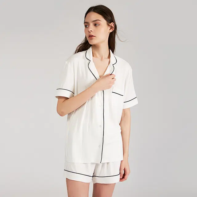 弗利少女 情侣睡衣纯色简约翻领短袖短裤可外穿长袖家居服套装睡衣礼盒 夏季 男女同款 两套装