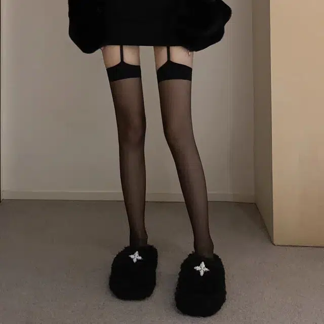 弗利少女 吊带一体性感丝袜超薄过膝高筒袜 女款 单条装 黑色
