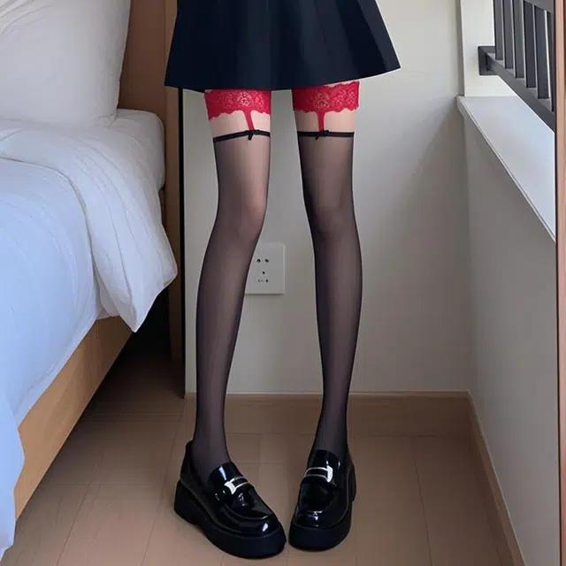弗利少女 蕾丝蝴蝶结硅胶防下滑过膝袜 女款 单条装 黑色