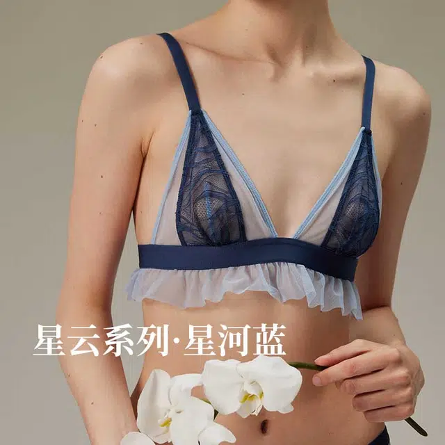 弗利少女 星云系列 法式超薄蕾丝三角杯文胸薄款无钢圈美背内衣裤套装 女款 星河蓝