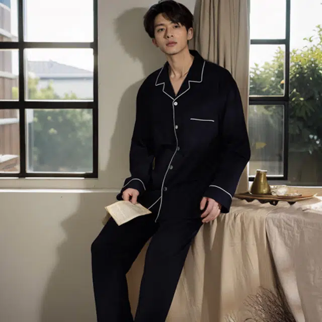 弗利少女 亲肤棉质舒适透气长袖长裤睡衣春秋情侣家居服套装 男款