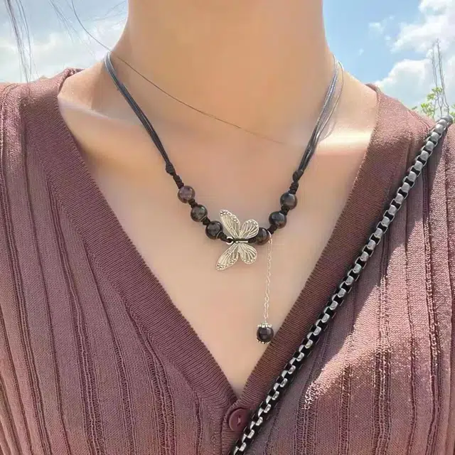 白卷 个性复古蝴蝶串珠锁骨链 合金织物树脂 项链 女款