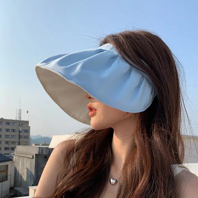 白卷 夏季户外遮阳可折叠大檐空顶 聚酯纤维 防晒帽 女款