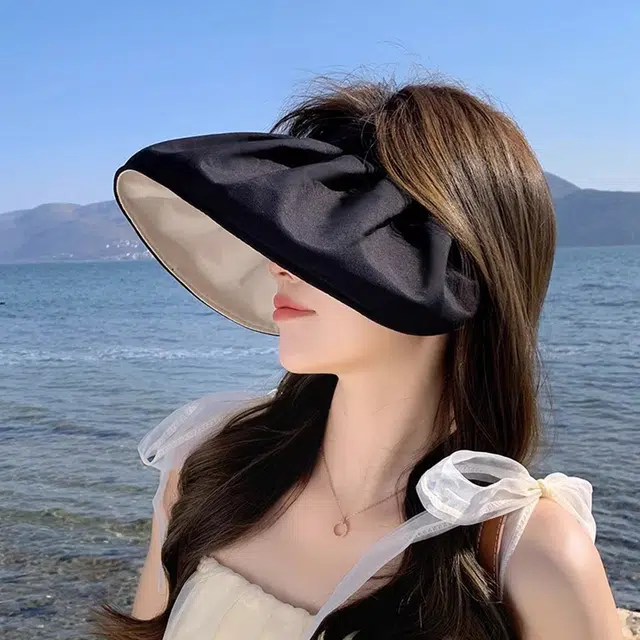 白卷 夏季户外遮阳可折叠大檐空顶 聚酯纤维 防晒帽 女款