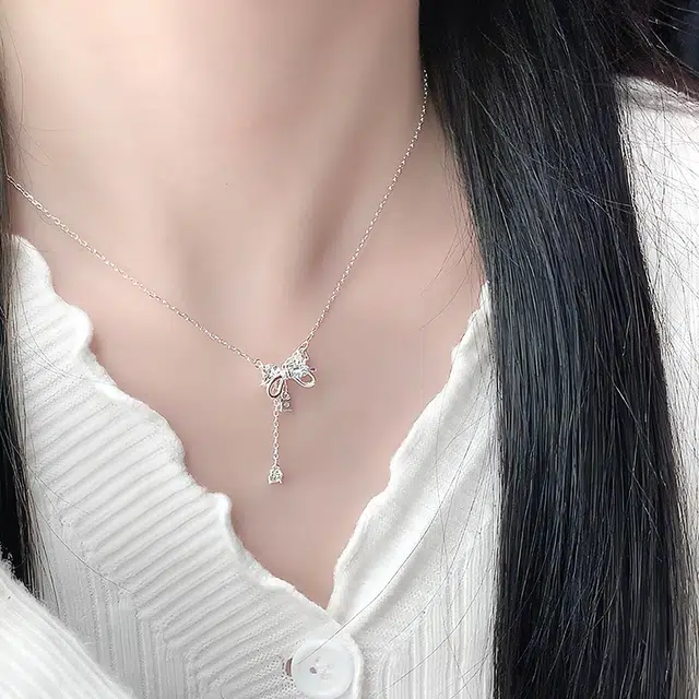 心草 原创系列 蝴蝶结甜美精致轻奢小众设计高级感复古时尚流苏吊坠 森系可爱小清新锁骨链 足银 项链 女款