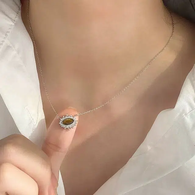 心草 日冕之眼 宫廷立体浮雕纹理创意精致复古国潮风个性高级感复古国风 虎眼石 项链 女款 礼盒装