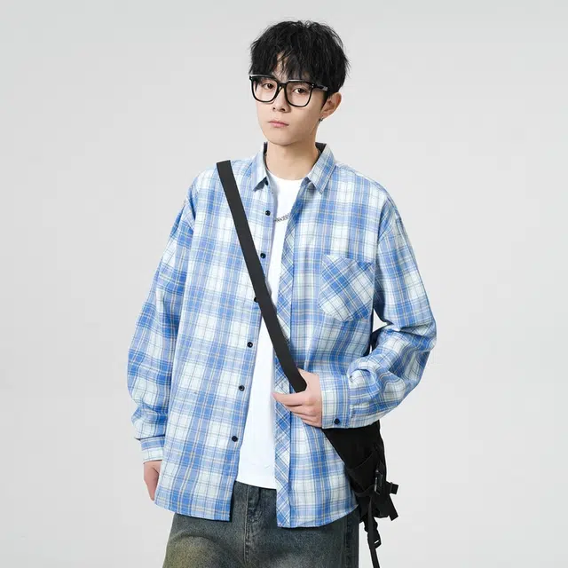 寻星记 美式复古简约潮流宽松格纹长袖上衣外套男衬衫 男女同款