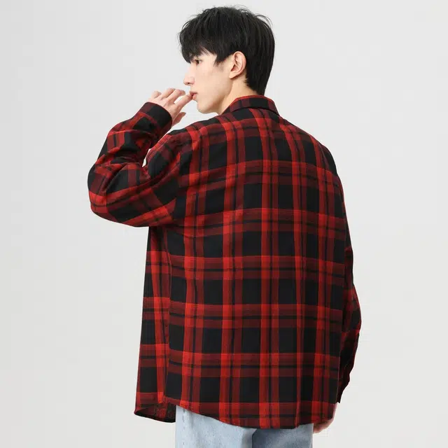 寻星记 美式复古简约潮流宽松格纹长袖上衣外套男衬衫 男女同款