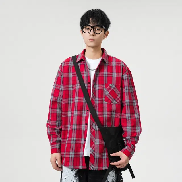 寻星记 美式复古简约潮流宽松格纹长袖上衣外套男衬衫 男女同款