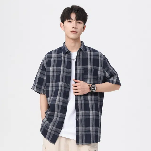 寻星记 美式复古简约潮流宽松格纹长袖上衣外套男衬衫 男女同款