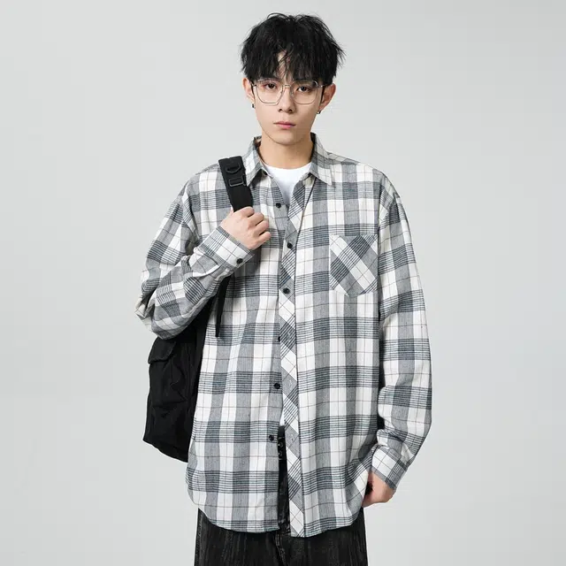 寻星记 美式复古简约潮流宽松格纹长袖上衣外套男衬衫 男女同款