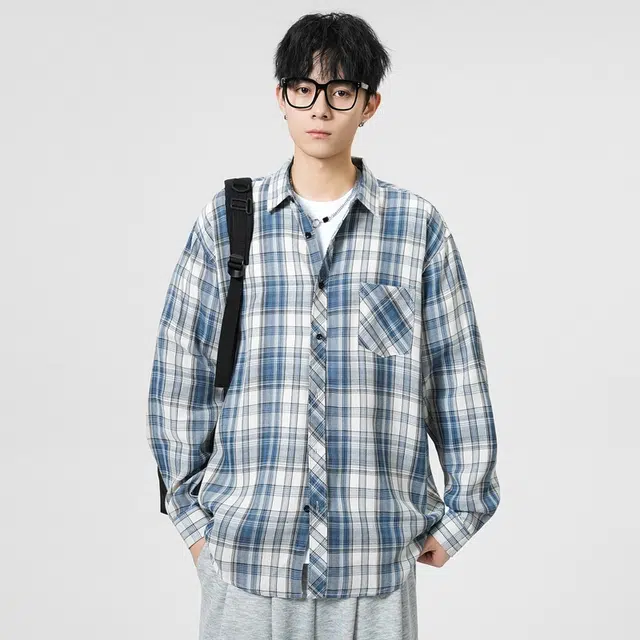 寻星记 美式复古简约潮流宽松格纹长袖上衣外套男衬衫 男女同款