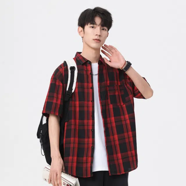 寻星记 美式复古简约潮流宽松格纹长袖上衣外套男衬衫 男女同款