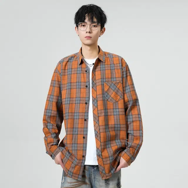 寻星记 美式复古简约潮流宽松格纹长袖上衣外套男衬衫 男女同款