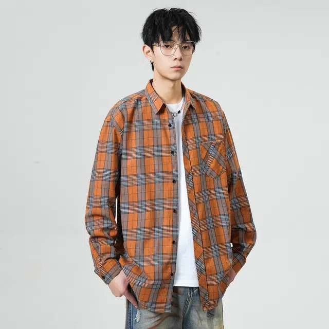 寻星记 美式复古简约潮流宽松格纹长袖上衣外套男衬衫 男女同款