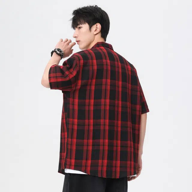 寻星记 美式复古简约潮流宽松格纹长袖上衣外套男衬衫 男女同款