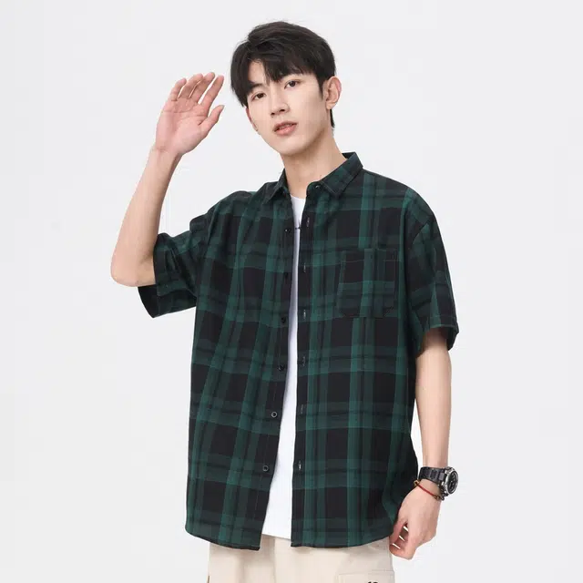 寻星记 美式复古简约潮流宽松格纹长袖上衣外套男衬衫 男女同款