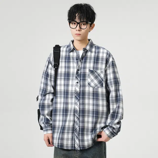 寻星记 美式复古简约潮流宽松格纹长袖上衣外套男衬衫 男女同款