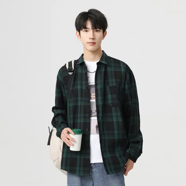 寻星记 美式复古简约潮流宽松格纹长袖上衣外套男衬衫 男女同款
