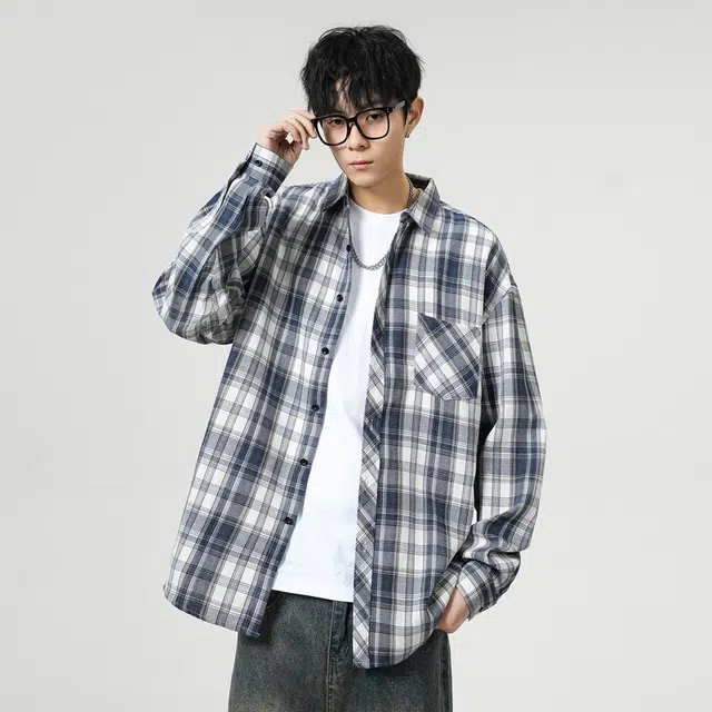 寻星记 美式复古简约潮流宽松格纹长袖上衣外套男衬衫 男女同款