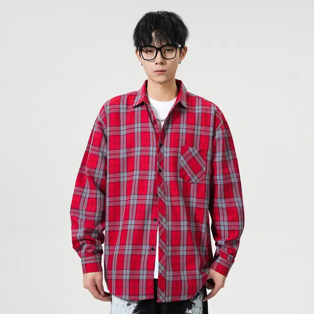 寻星记 美式复古简约潮流宽松格纹长袖上衣外套男衬衫 男女同款