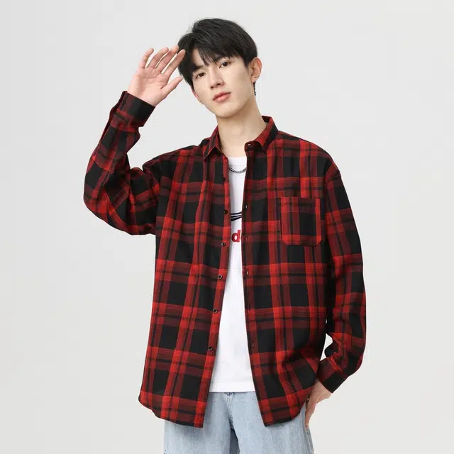 寻星记 美式复古简约潮流宽松格纹长袖上衣外套男衬衫 男女同款