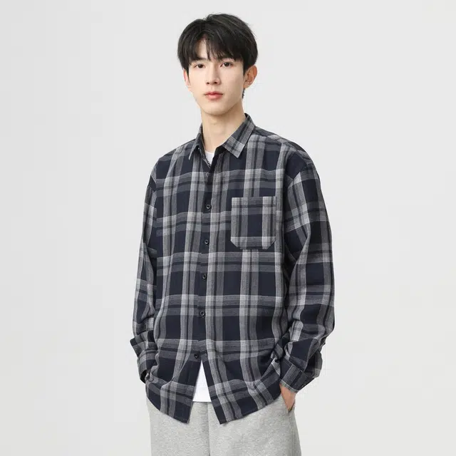 寻星记 美式复古简约潮流宽松格纹长袖上衣外套男衬衫 男女同款