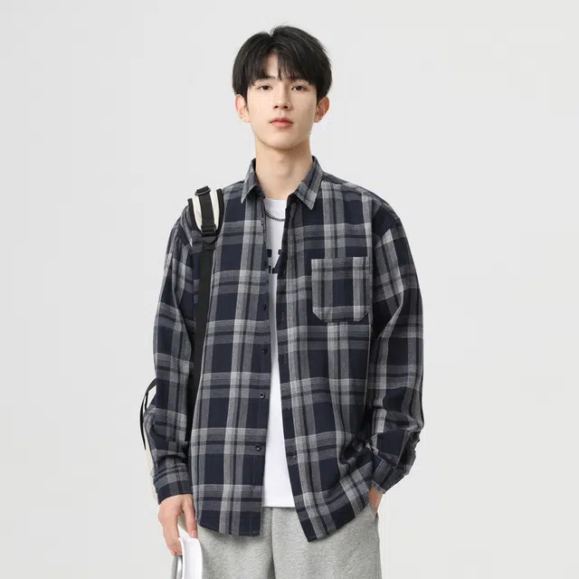 寻星记 美式复古简约潮流宽松格纹长袖上衣外套男衬衫 男女同款