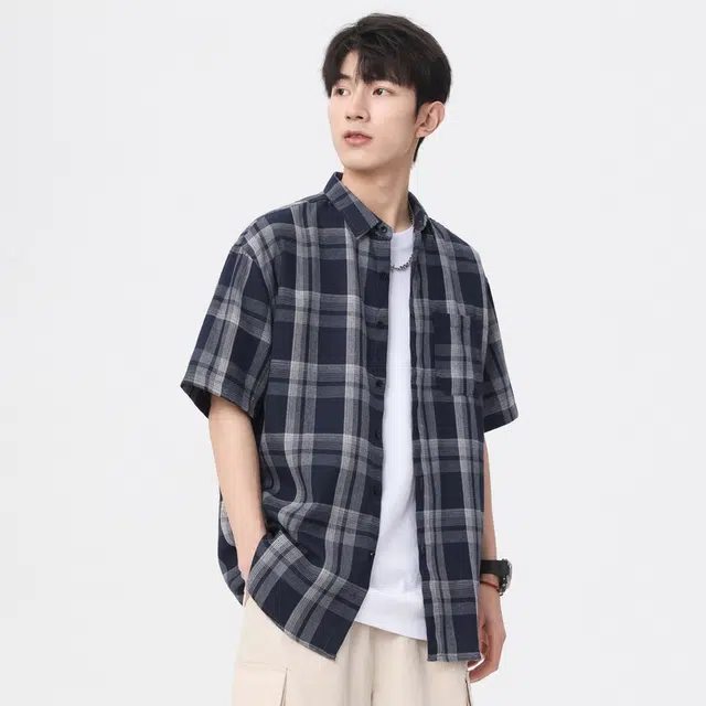 寻星记 美式复古简约潮流宽松格纹长袖上衣外套男衬衫 男女同款