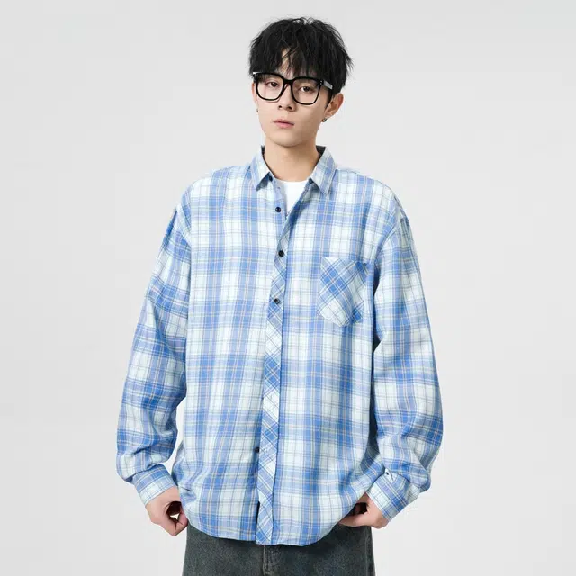寻星记 美式复古简约潮流宽松格纹长袖上衣外套男衬衫 男女同款