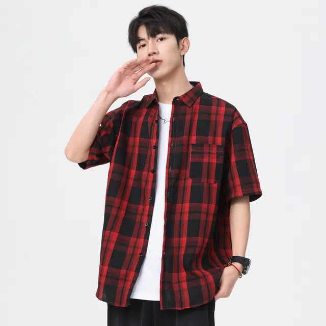 寻星记 美式复古简约潮流宽松格纹长袖上衣外套男衬衫 男女同款