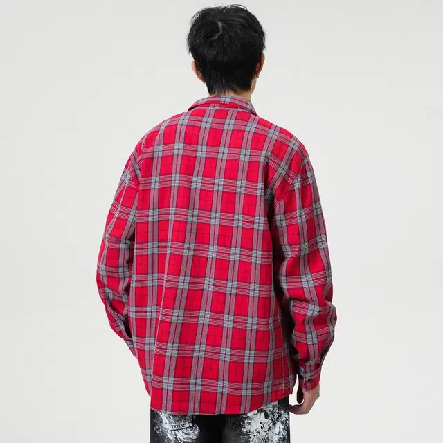 寻星记 美式复古简约潮流宽松格纹长袖上衣外套男衬衫 男女同款