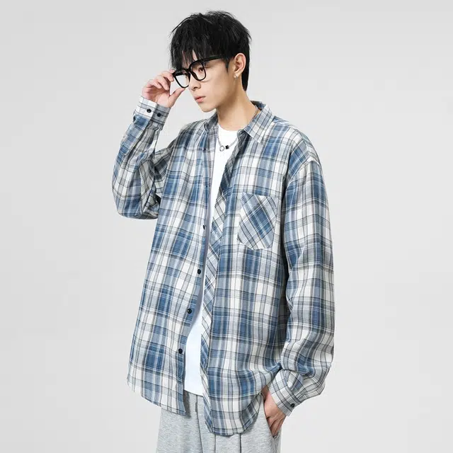 寻星记 美式复古简约潮流宽松格纹长袖上衣外套男衬衫 男女同款