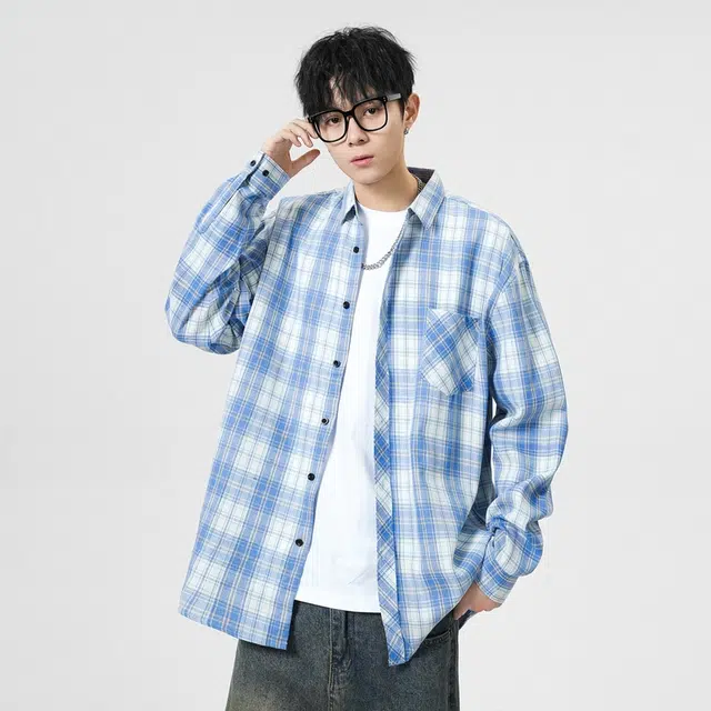 寻星记 美式复古简约潮流宽松格纹长袖上衣外套男衬衫 男女同款