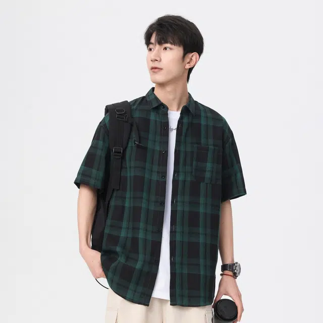 寻星记 美式复古简约潮流宽松格纹长袖上衣外套男衬衫 男女同款