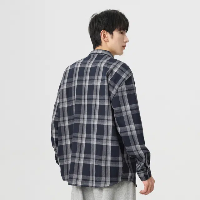 寻星记 美式复古简约潮流宽松格纹长袖上衣外套男衬衫 男女同款