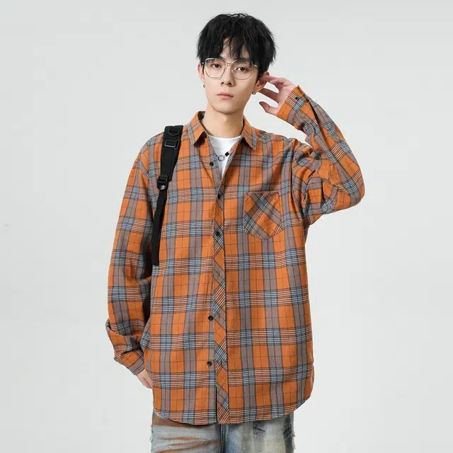 寻星记 美式复古简约潮流宽松格纹长袖上衣外套男衬衫 男女同款