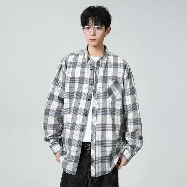 寻星记 美式复古简约潮流宽松格纹长袖上衣外套男衬衫 男女同款