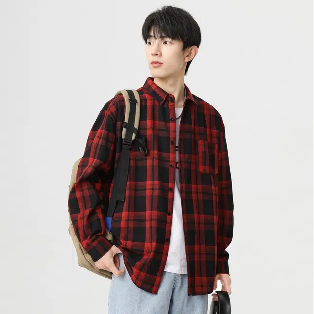 寻星记 美式复古简约潮流宽松格纹长袖上衣外套男衬衫 男女同款